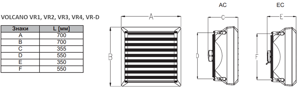 Габаритные размеры Volcano VR1, VR2, VR3, VR4, VR-D